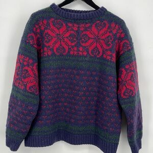 Fair Isle Norsk Handstrikk Blue, Red, Green  Hand Knit Wool Pullover Sweater VTG
